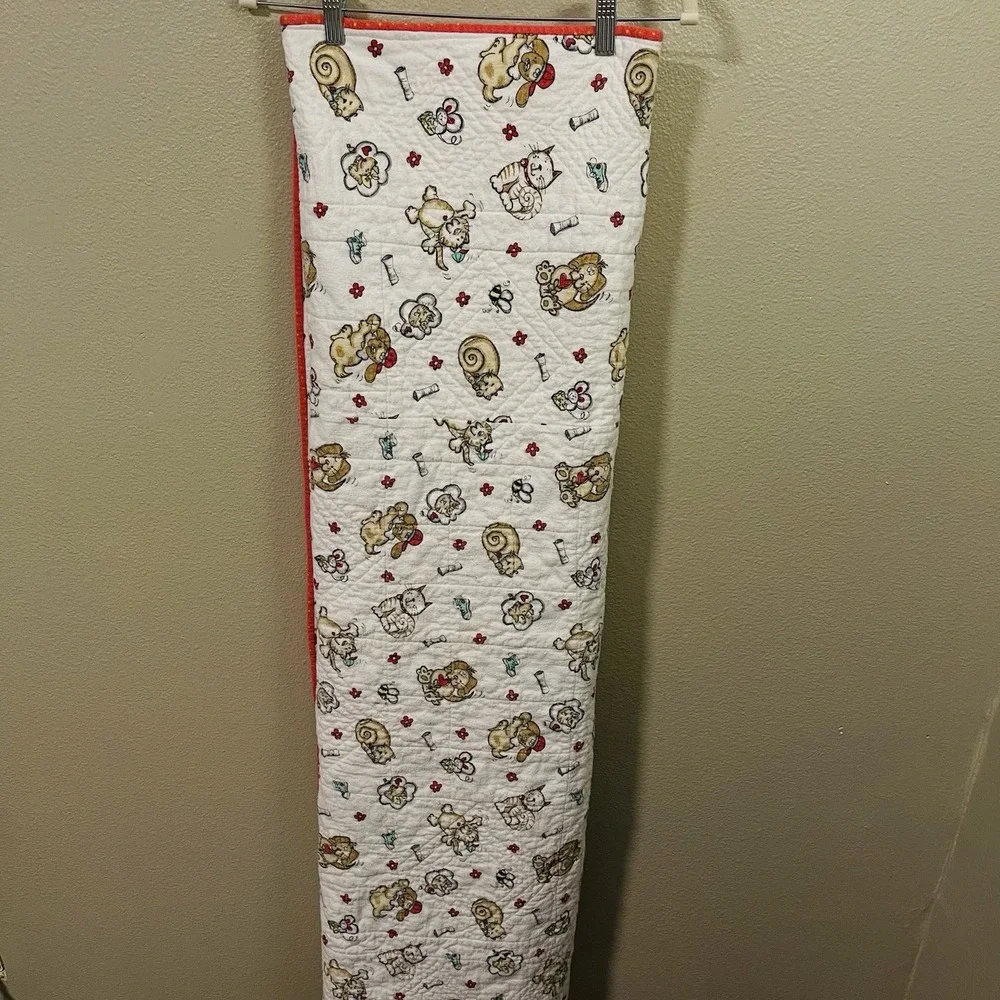 Vintage Flannel Baby Quilt Blanket Handmade Cats Dogs White Yellow Unisex  48x56